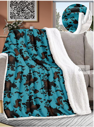 Turquoise Cowprint Inspired Sherpa Throw Blanket - Queen Size