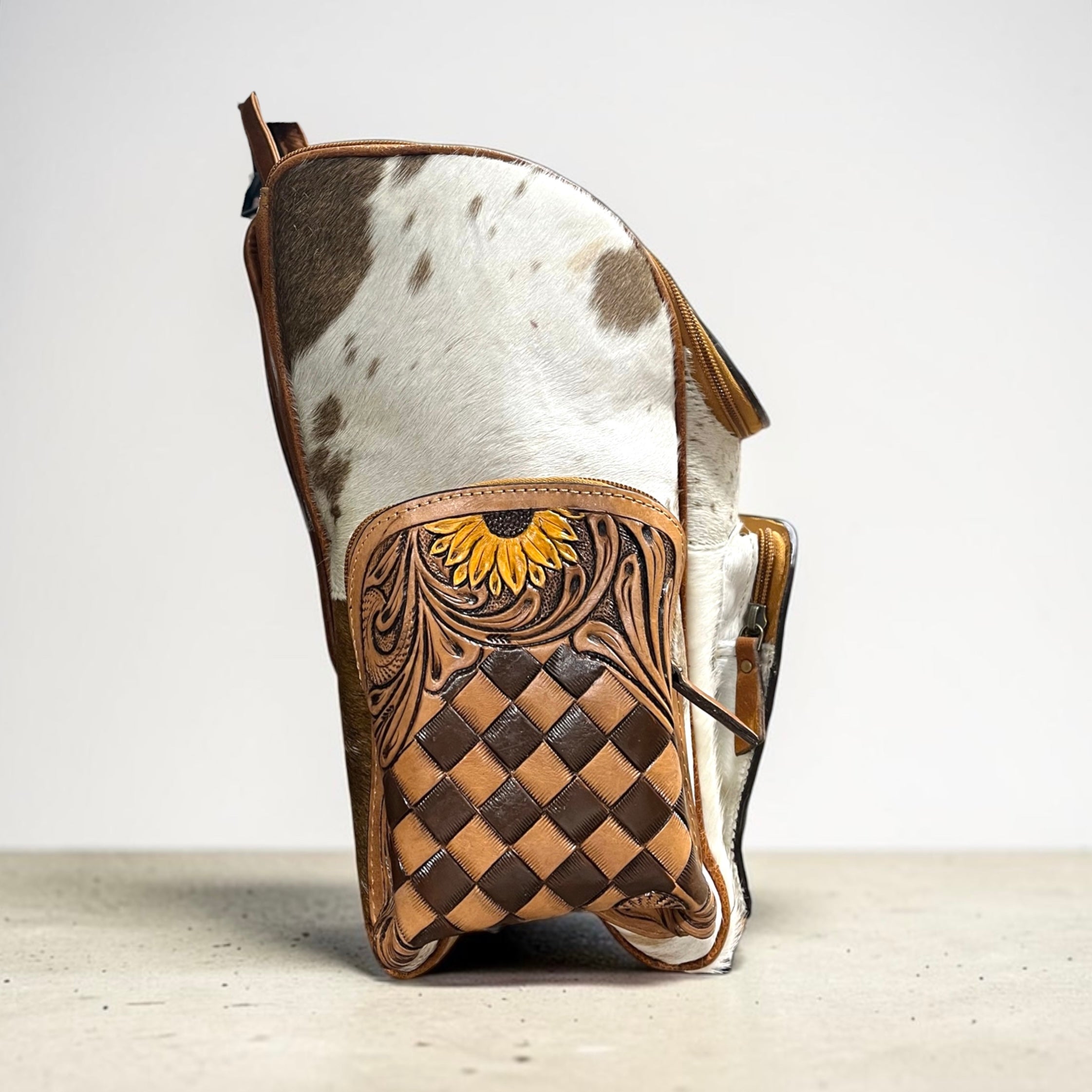 Checker sunflower tooled leather & cowhide backpack – Western Linens