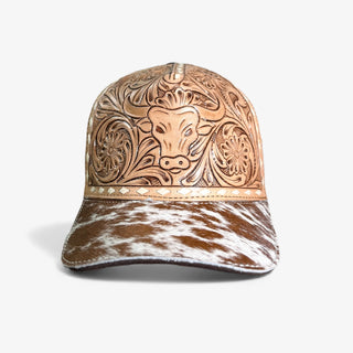 Bull tooled leather & cowhide cap