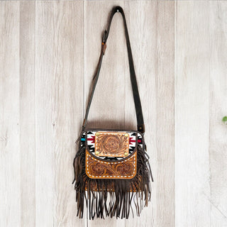 Aztec tooled leather fringe crossbody bag
