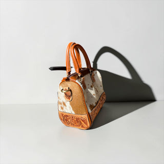 Tan tooled leather & cowhide mini speedy bag