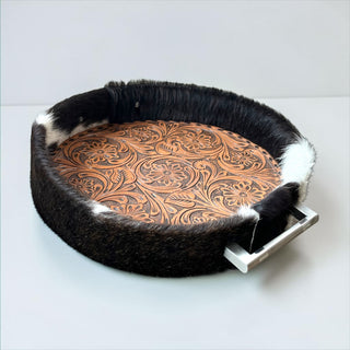 Tan tooled leather & cowhide tray
