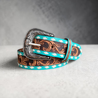 Turquoise blossom tooled leather belt