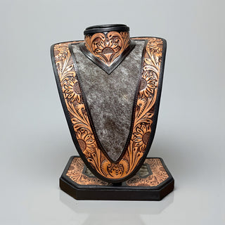 Brown tooled leather & cowhide necklace display