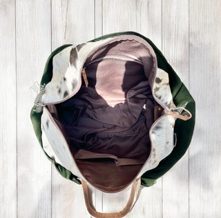 Tan tooled leather & cowhide duffle bag