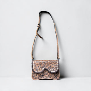 Brown all tooled leather crossbody bag