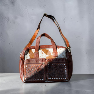 Brown tooled leather & cowhide briefcase