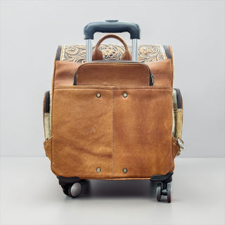 Floral tooled leather & cowhide rolling backpack