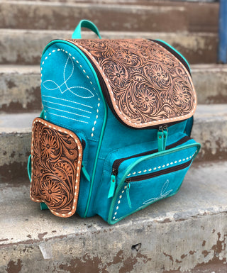 Turquoise BootStitch Suede Leather & Tooled Backpack