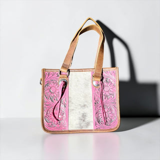 Pink tooled leather & cowhide shoulder bag