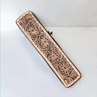 Brown tooled leather & cowhide iron case