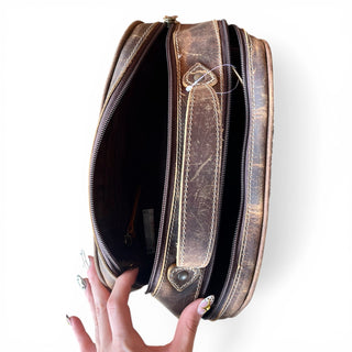 Turquoise blossom tooled leather & cowhide toiletry bag