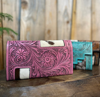 Pink Aztec Cowhide Tooled Leather Women's Wallet