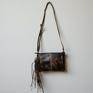Brown tooled leather & cowhide crossbody bag