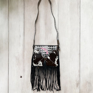 Checker tooled leather & cowhide fringe crossbody bag