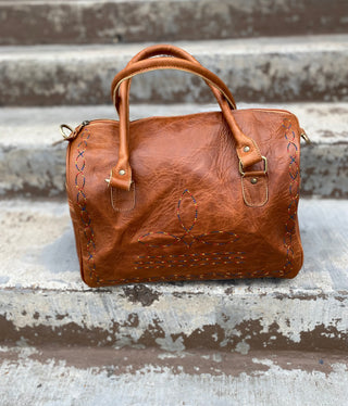 Tan Vintage Tooled Duffle Bag