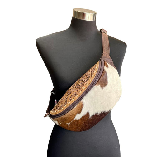 Cowhide Tooled Leather Sling Bag - Fanny Bag