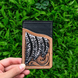 Feather tooled leather card holder