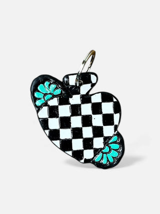 Checkered spade tooled leather & cowhide keychain