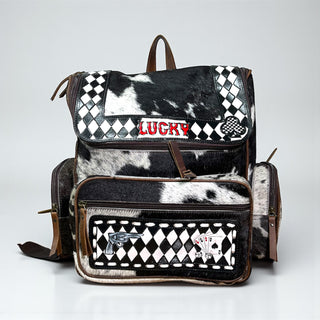 Lucky checkered cowhide & tooled leather backpack
