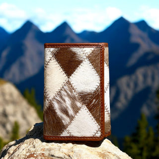 Tan cowhide patchwork trifold wallet