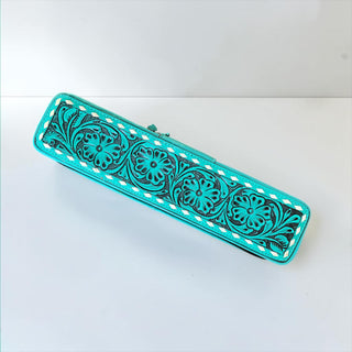 Turquoise tooled leather & cowhide iron case