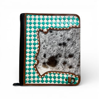 Turquoise checker tooled leather & cowhide portfolio