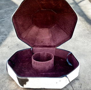 Checkered tooled leather & cowhide hat case