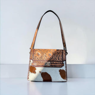 Floral tooled leather & cowhide shoulder bag