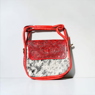 Red tooled leather & cowhide shoulder bag