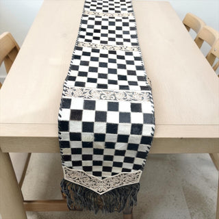 Checker tooled leather & cowhide table runner