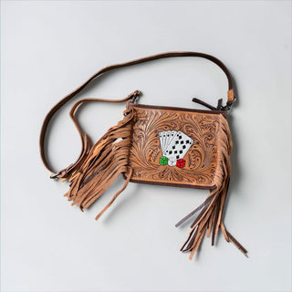 Cards fringe tooled leather crossbody bag