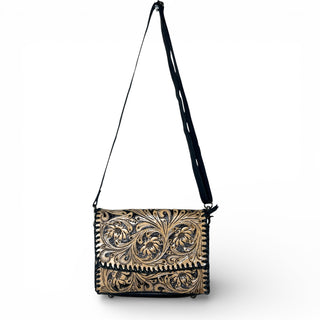 Black tooled leather crossbody bag