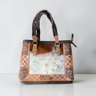 Brown tooled leather & cowhide shoulder bag