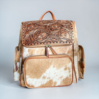 Bronze tooled leather & cowhide backpack
