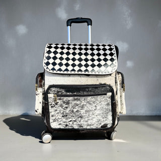 Checker leather & cowhide rolling backpack