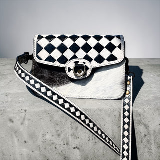 Checker tooled leather & cowhide crossbody bag