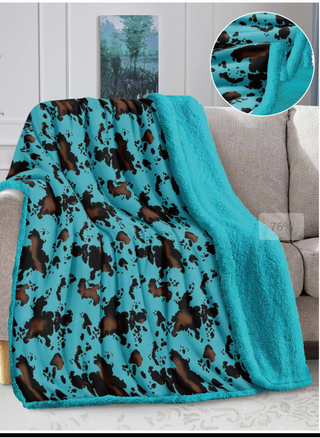 Turquoise Cowprint Inspired Sherpa Throw Blanket - Queen Size