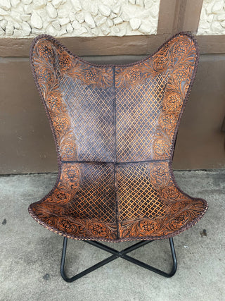 Brown Tooled Leather Butterfly Chair