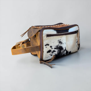 Brown tooled leather & cowhide  toiletry bag