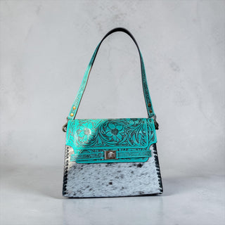 Turquoise tooled leather & cowhide shoulder bag