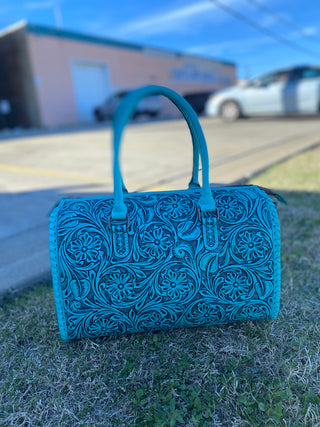 Large Turquoise Floral Tooled Leather Speedy Duffle Bag