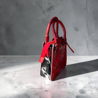 Red tooled leather & cowhide crossbody bag