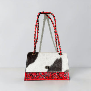 Red tooled leather & cowhide crossbody bag