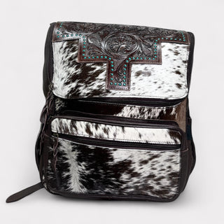 Brown tooled leather & cowhide backpack