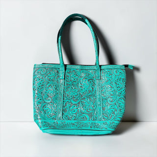 Turquoise floral tooled leather jumbo shoulder bag