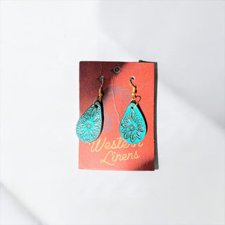 Turquoise tooled leather earrings