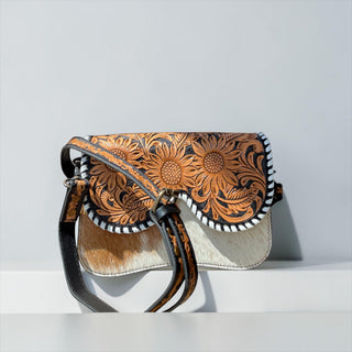 Cowhide/tooled leather crossbody bag