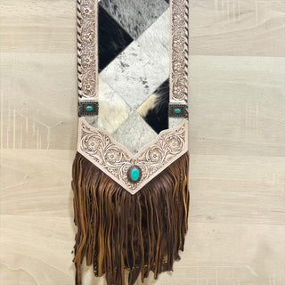 Ivory tooled leather & cowhide table runner