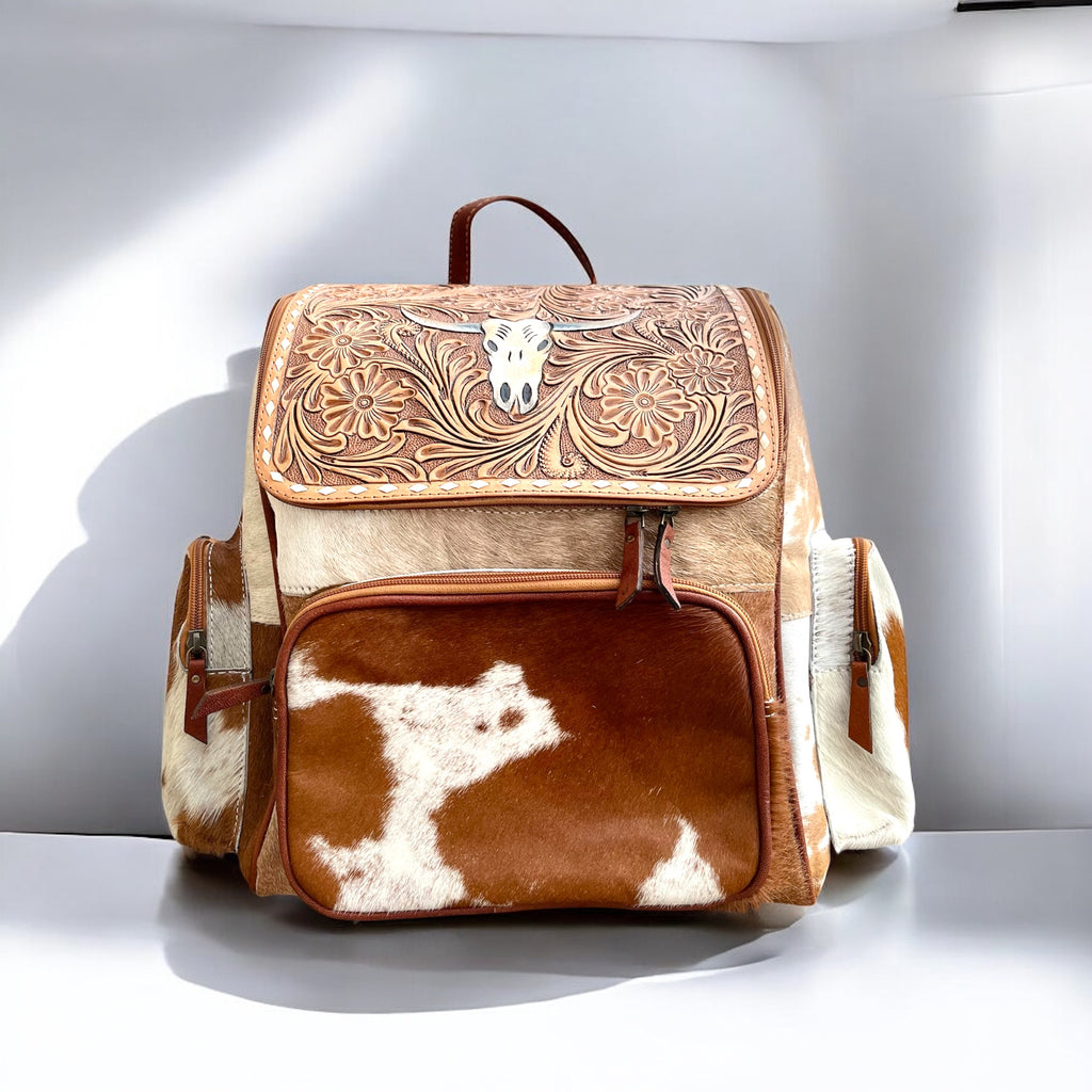 Bull tooled leather & cowhide backpack – Western Linens